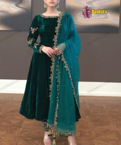 Velvet Luxury Heavy work Unstitched Wedding Desinger DARK GREEN Dress With Embroidered organza Dupatta