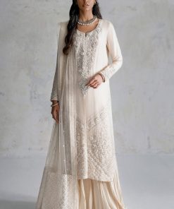 Elegant Luxury Work Unstitched Wedding Partywear Nikha Walima Engagement Mehndi Mayon cream Dress