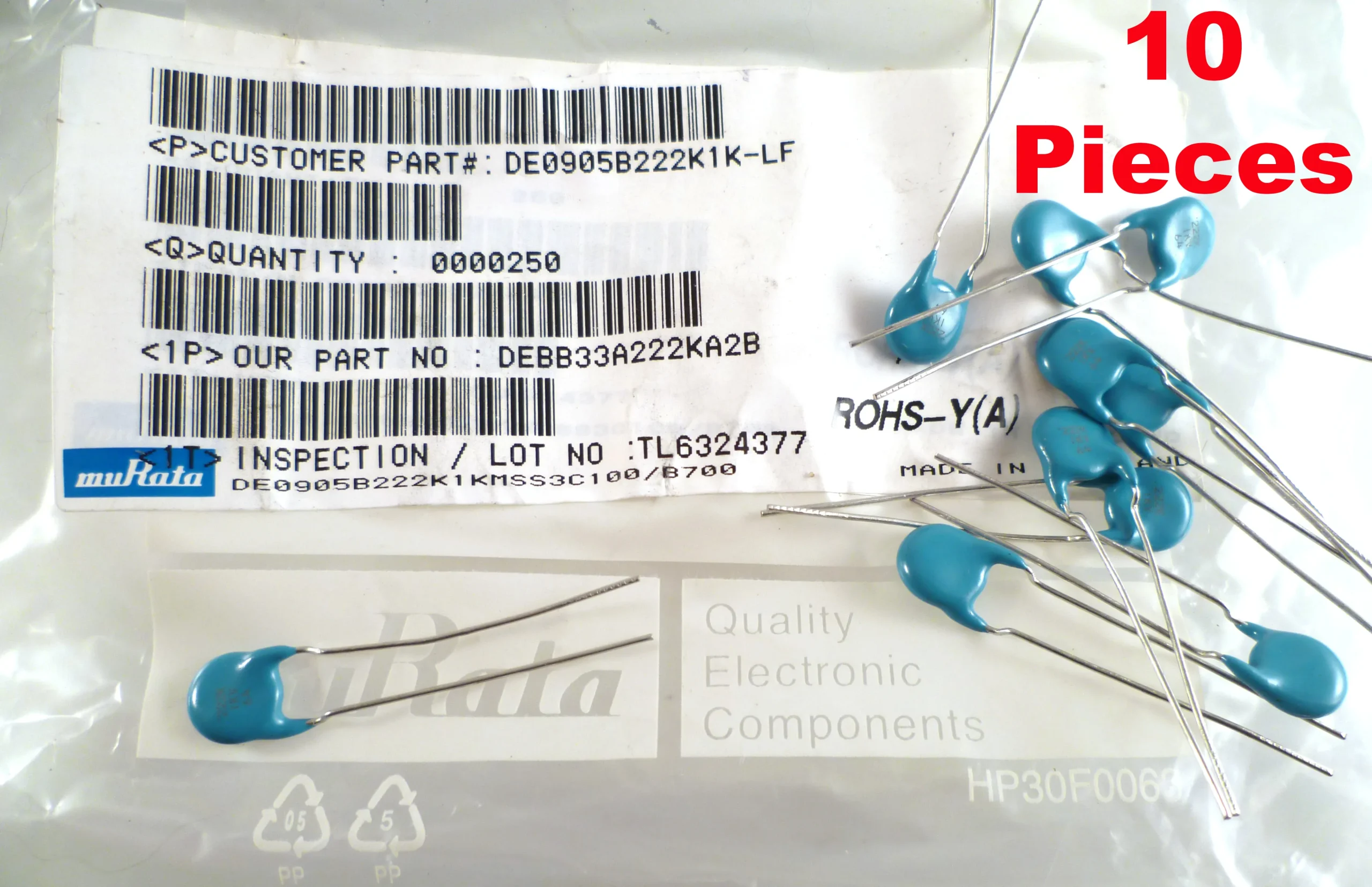 Murata DEBB33A222KA2B Ceramic Disc Capacitors 2.2nF 1KV 10 Pieces MBG001B - Image 2