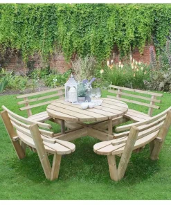 8 Seater Wooden Circular Picnic Table Attached Chairs with Backs